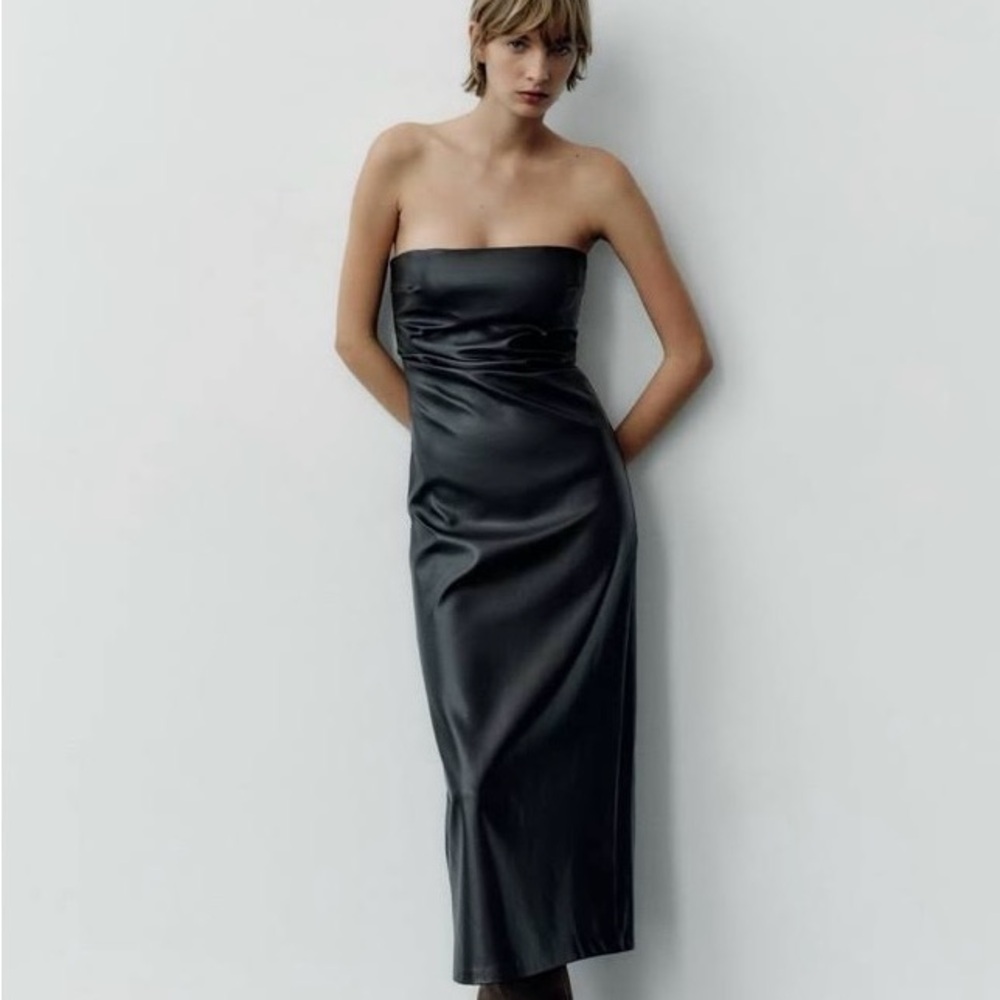 ZARA - Strapless Leather Midi Dress